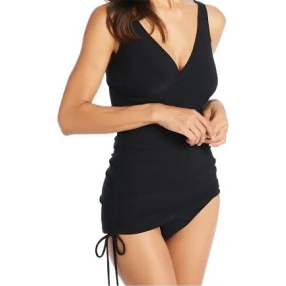 Beyond Control Solid Essentials Draped V Neck Swim Dress Tummy Control Swimsuit - Picture 2 of 9